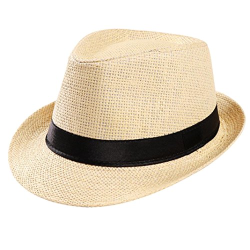YJYdada Unisex Trilby Gangster Cap Beach Sun Straw Hat Band Sunhat (Beige)