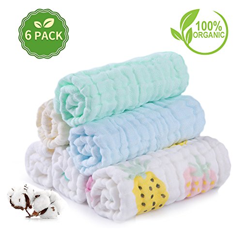 Baby Muslin Wash Cloths Set AiKiddo Newborn Infant Soft Bath Cloth Multi-purpose 6 Layer Natural Baby Washcloth for Baby Girls and Boys 26x26 cm 6 Pack, Printed Patterns Assorted