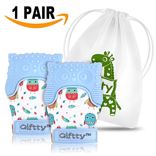 Two Baby Teething Mittens by Giftty, Soothing Teether Mitt & Teething Pain Relief Toy, Prevent Scratches Glove, Cute Animal Owl Collection, Unisex for 0-9 months Baby (2-mittens, 1 Travel bag, Blue)