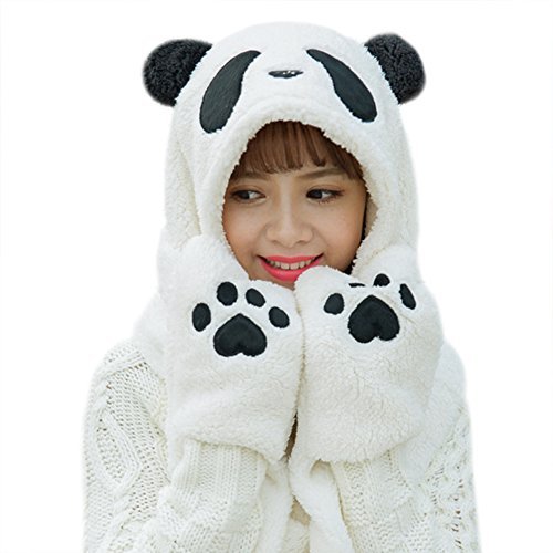 Unisex Adult Warm Panda Crochet Beanie Hat with Built-in Earmuffs,Scarf Gloves Set