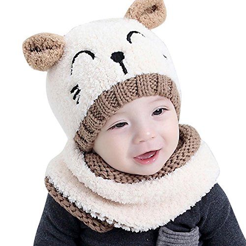 Toddler Baby Beanies Scarf Set Boys Windproof Hats Girls Knitted Cap For Kids Soft Warm Winter Cute Cartoon Cat Hat (White)