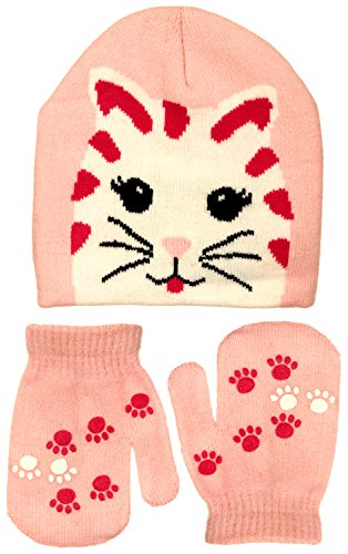 Polar Wear Infant Girl's Cute Animal Face Knit Beanie & Mittens Set (Kitten)
