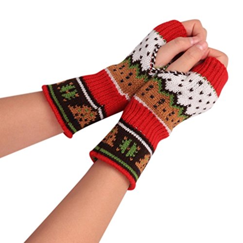 Sunfei Girls Christmas Knitted Arm Fingerless Winter Gloves Unisex Soft Warm Mitten (Red)