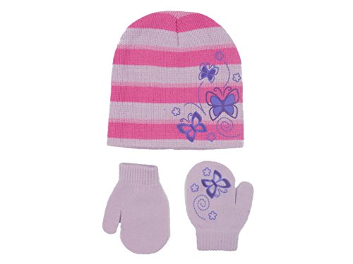 Zallies Toddler Girls Gripper Set including Beanie Hat and Easy Mittens with Fun Prints,Pink Stripes with Butterfly