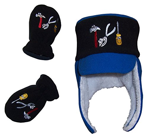 N'Ice Caps Baby Boys Sherpa Lined Fleece Mechanics Hat And Mitten Set (6-18 Months, Black/Royal - Infant)