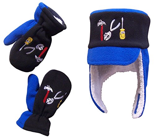 N'Ice Caps Baby Boys Sherpa Lined Fleece Mechanics Hat And Mitten Set (Toddler 18-36 Months, Black/Royal)