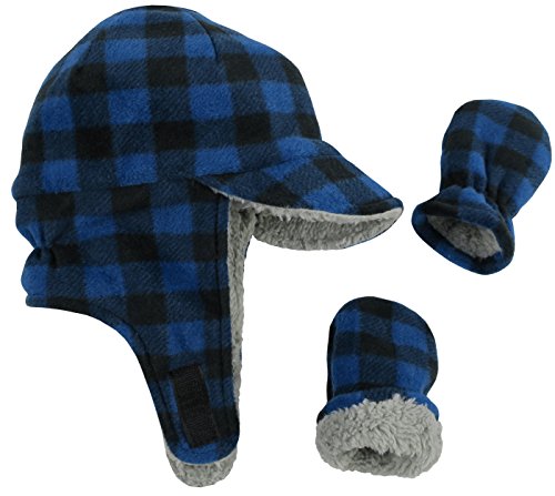 N'Ice Caps Little Boys and Baby Sherpa Lined Fleece Flap Hat Mitten Winter Set (6-18 Months, Royal Buffalo Plaid Infant)
