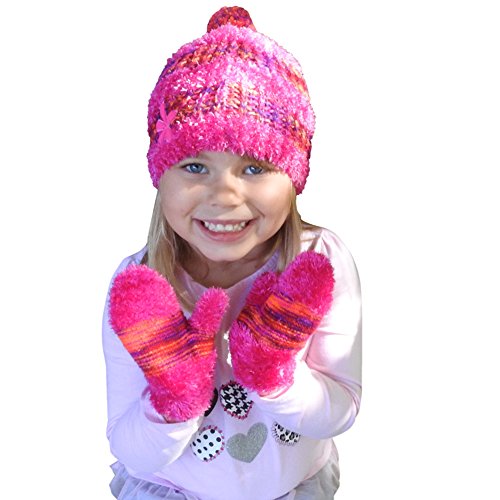 Aspen Supply Toddler & Little Girls' Fuzzy & Soft Winter Cap & Mittens Set (Ages 2-5) (Pink)