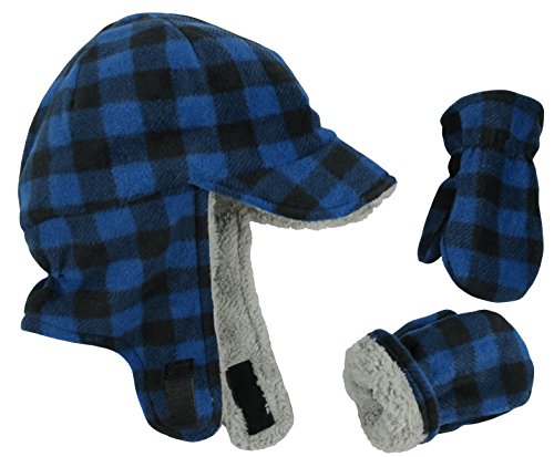 N'Ice Caps Little Boys and Baby Sherpa Lined Fleece Flap Hat Mitten Winter Set (2-3 Years, Royal Buffalo Plaid)