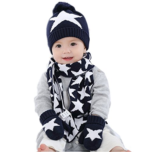 Ding-dong Baby Kid Boy Girl Winter Knitted Star Hat+Scarf+Gloves 3Pieces Set(Navy,1-3T)
