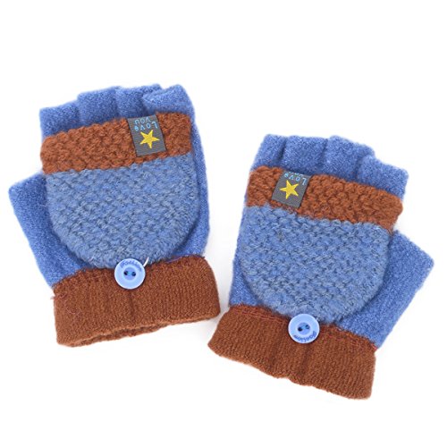 Flammi Unisex Kids Knitted Convertible Flip Top Gloves Mittens Winter Half Finger Gloves (Pair) (Blue)