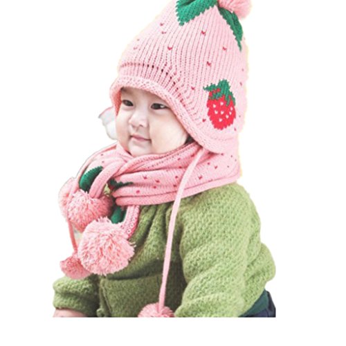 Mikey Store Baby Hat Scarf Boys Girls Infant Children Strawberry Scarf Child Scarf Hats Caps (Pink)