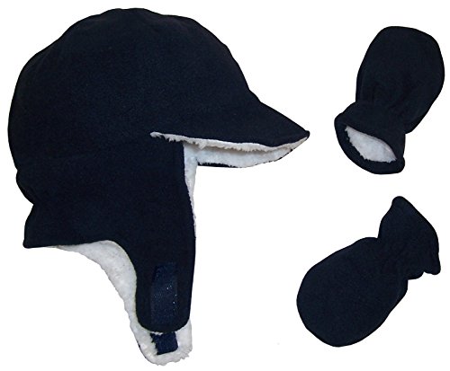 N'Ice Caps Boy Sherpa Lined Fleece Brim Flap Hat and Mitten Set (6-18 Months, Navy Infant)