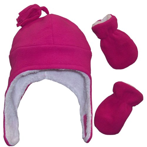 N'Ice Caps Girls Soft Sherpa Lined Micro Fleece Pilot Hat and Mitten Set (6-18 Months, Infant - Fuchsia)