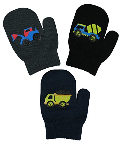 N'Ice Caps Little Boys and Infants Magic Stretch Mittens 3 Pairs Assortment (6-18 Months, Trucks - Navy/Charcoal/Black)