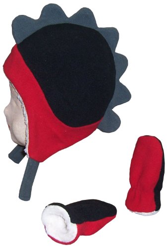 N'Ice Caps Little Boys and Baby Soft Sherpa Lined Fleece Dino Hat Mitten Set (6-18mos, Black/Red/Grey Infant)