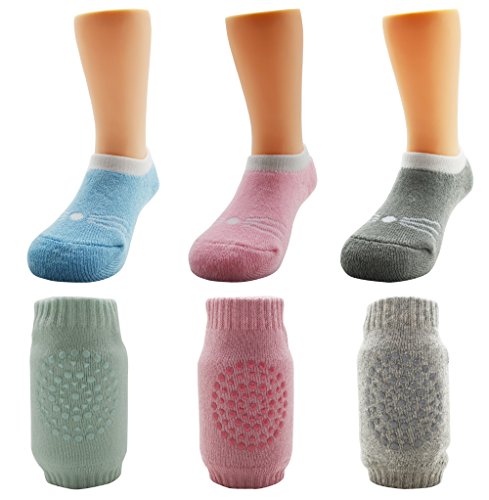 Meta-U Non-slip Crew Boat Socks - Cat Pattern Floor Stockings + Breathable Adjustable Elastic Kneepads Crawling Safety Protector For Newborn & Toddler Baby (3 pairs socks+3pcs kneepads)(M)