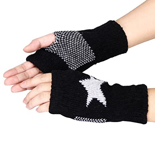 Sunfei Men Women Winter Warmer Star Knitted Mittens Fingerless Arm Glove (Black)