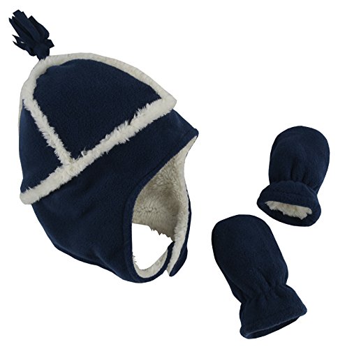 N'Ice Caps Little Boys and Baby Sherpa Lined Micro Fleece Pilot Hat and Mitten Set (6 - 18 Months, Navy/White Infant)