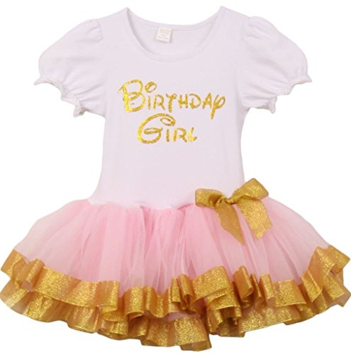 Tutu Dress with Gold Back Abound Skirt & Birdthday Print Top White Pink L DS18.11