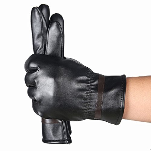 Ikevan Mens Luxurious PU Leather Gloves Warm Cashmere Leather Male Autumn Winter Gloves Outdoor Driving Waterproof Gloves