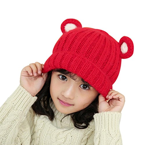 Toddler Hat,Leegor Cute Baby Ear Pattern Vertical Stripe Winter Warm Cap (red)