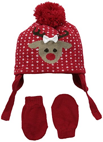 Aquarius Unisex-Baby Infant Reindeer Trapper with Pom and Magic Mitten Set, Red, One Size