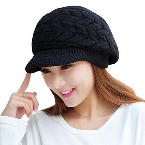 Mikey Store Women Hat Winter Skullies Beanies Knitted Hats Rabbit Fur Cap (Black)