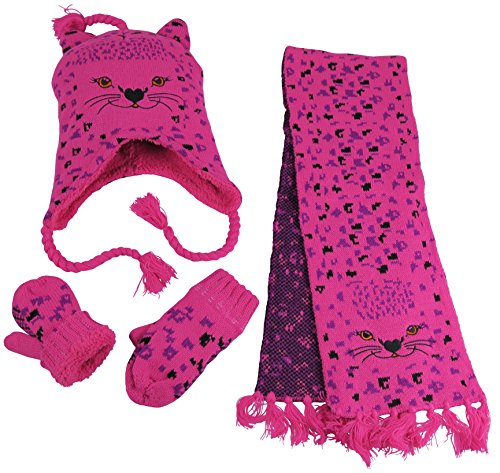 N'Ice Caps Little Girls and Infants Cute Kitty Knitted 3PC Accessory Set (4-6 Years, Fuchsia/Multi)