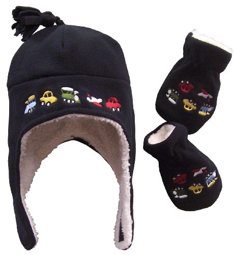 N'Ice Caps Boys Sherpa Lined Micro Fleece Embroidered Hat and Mitten Set (6-18 months, Infant - Black)