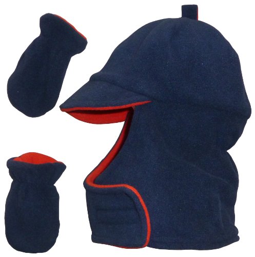N'ice Caps Boys Wrap Around Fleece Jockey Hat and Mitten Set (12-24 months, navy/red)