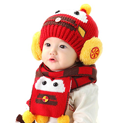 Microcosm Winter Wool Knitted Crochet Cap Scarf Set [Best Christmas Gift] for Infant/Baby/Boys/Girls (Red)