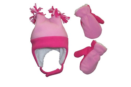 N'ice Caps Girls 4 Corner Sherpa Lined Fleece Hat and Mitten Set (2-3yrs, fuchsia/pink)