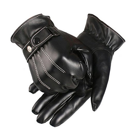 Ikevan Mens Luxurious PU Leather Gloves Outdoor Driving Warm Gloves Cashmere Mittens Autumn Winter (Black)