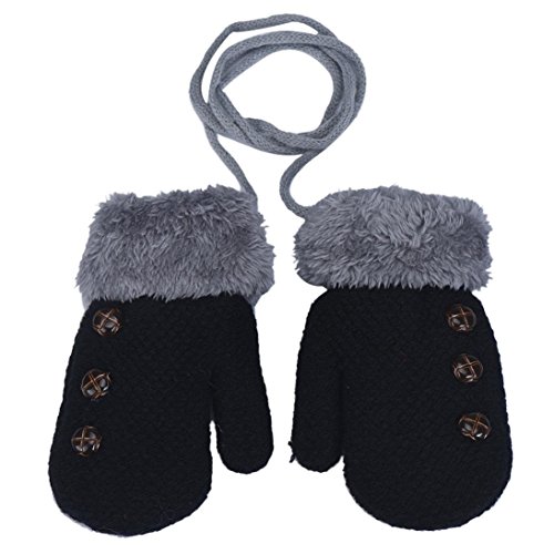 DZT1968 1 Pair Winter Baby Cute Thick Gloves Mittens With String (0-12 Months) (Black)