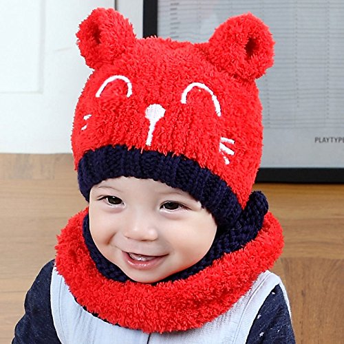 Baby Girls Boys Warm Toddler Hat Winter Beanie Hooded Scarf Earflap Knitted Cap (Red)