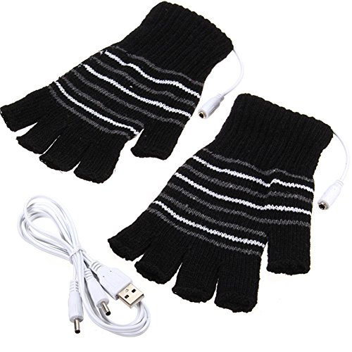 Black USB Powered Stripes Pattern Knitting Wool Heating Heated Gloves Fingerless Hand Warmer Mittens Laptop Computer Gloves