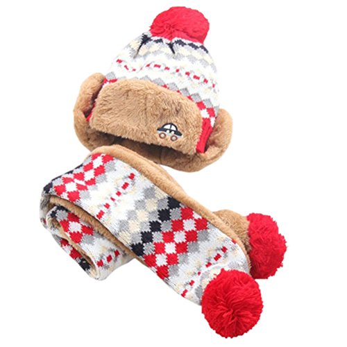 Fheaven Hairball Car Baby Winter Warm Hat Scarf Boys Girls Infant Children Hats Caps (Red)