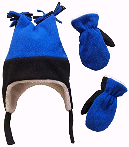 N'Ice Caps Boys Sherpa Lined Micro Fleece Four Corner Ski Hat and Mitten Set (6-18mo, Infant - black/royal)