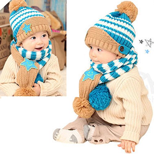 Cute Baby Toddler Winter Beanie Warm Hat Hooded Scarf Earflap Knitted Cap Kids X (Blue)
