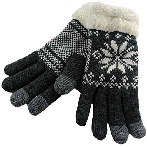 Ikevan Women's Winter Gloves Touch Screen Warm Knit Wool Gloves Girls Thickened and Cashmere Wrist Snowflake Mittens (Dark Gray)