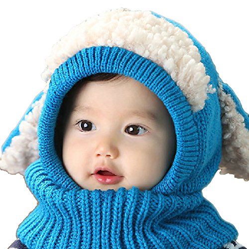 Winter Warm Boys Wool Acrylic Hat/Scarf Set Knitted Hat Scarf Blue Cute Dog