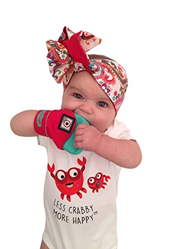 Yummy Mitt (Glow in the Dark) Teething Mitten -Red & Turquoise -(3-12 months baby mitten)- No More Dropping Teether!