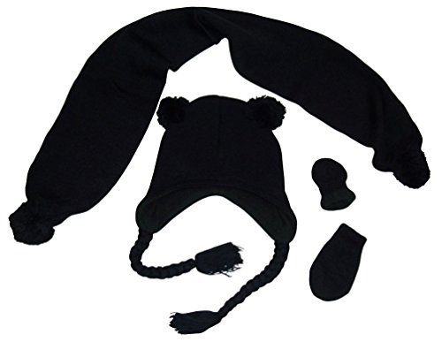 N'Ice Caps Baby Unisex Fleece Lined Knitted Hat/Scarf/Mitten Set with Poms (6-18 Months, Black)