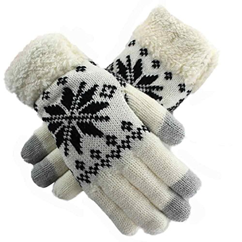 Ikevan Women's Winter Gloves Touch Screen Warm Knit Wool Gloves Girls Thickened and Cashmere Wrist Snowflake Mittens (White)