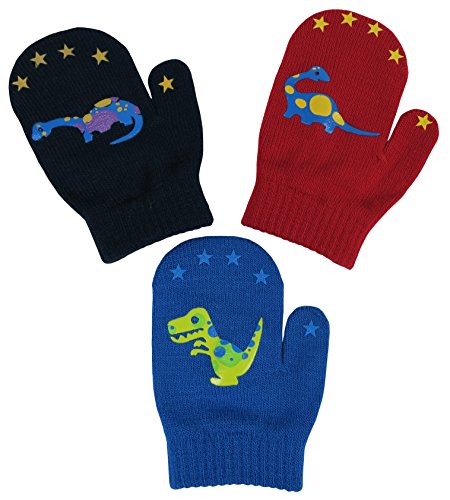 N'Ice Caps Little Boys and Infants Magic Stretch Mittens 3 Pairs Assortment (6-18 Months, Dinos - Red/Royal/Navy)
