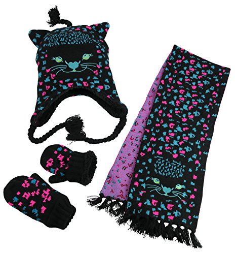 N'Ice Caps Little Girls and Infants Cute Kitty Knitted 3PC Accessory Set (4-6 Years, Black/Multi)