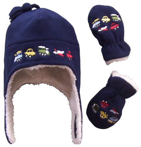 N'Ice Caps Boys Sherpa Lined Micro Fleece Embroidered Hat and Mitten Set (3-6 Months, Infant - Navy)