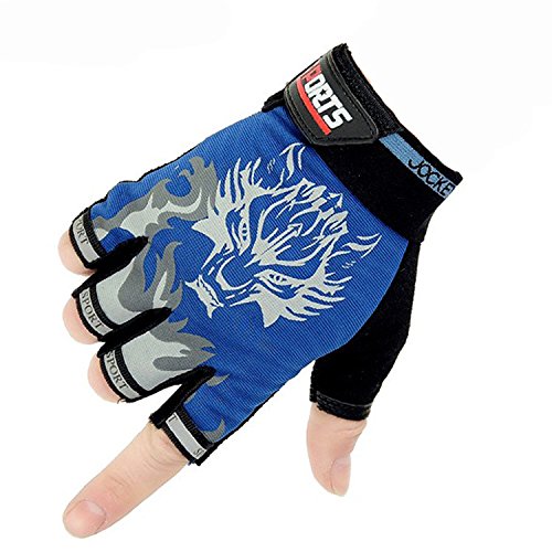 Luoke Wolf Cool Children Antiskid Breathable Elastic Magic Tape Cycling Riding Half Gloves (Blue)