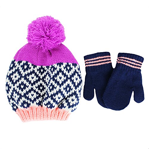 Carter's Infant Girls Knit Winter Ski Hat and Mittens 12-24 Mths Navy Purple